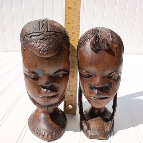 Tribal Face Sculptures Bookends Ironwood Statues Native African Hand Carved MCM - Picture 9 of 11